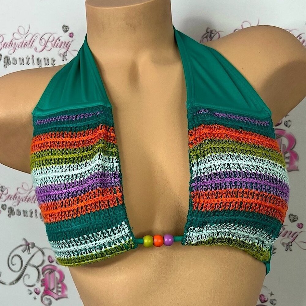Wild Fable bikini top knit beaded boho knitted Teal Crochet Top